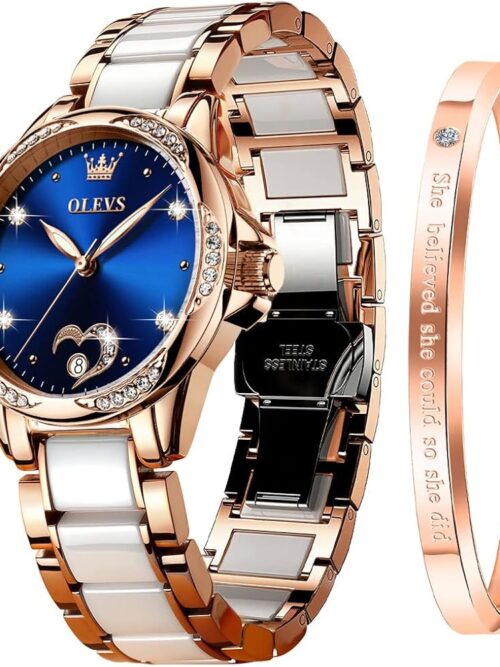 OLEVS Watch for Women Automatic Self Winding Mechanical Ladies Wrist Watch Big face Two Tone Stainless Steel Ceramic Bracelet Heart Diamond Fashion Luxury Ceramic Band Luminous Waterproof\u2026